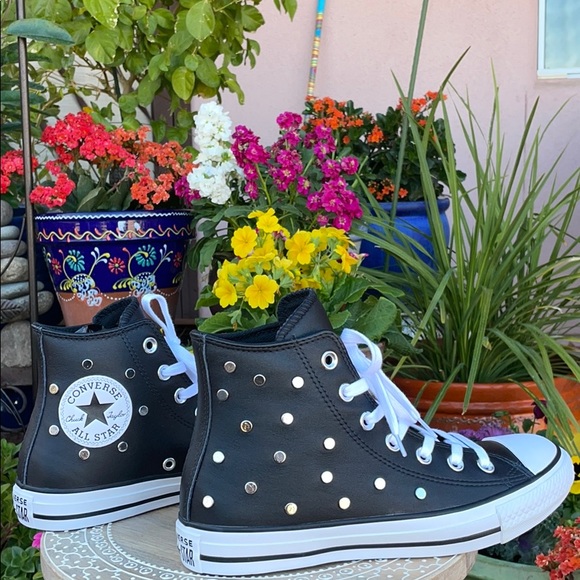 Converse Shoes - Leather & Silver Studded Converse Hi Tops Sz 7